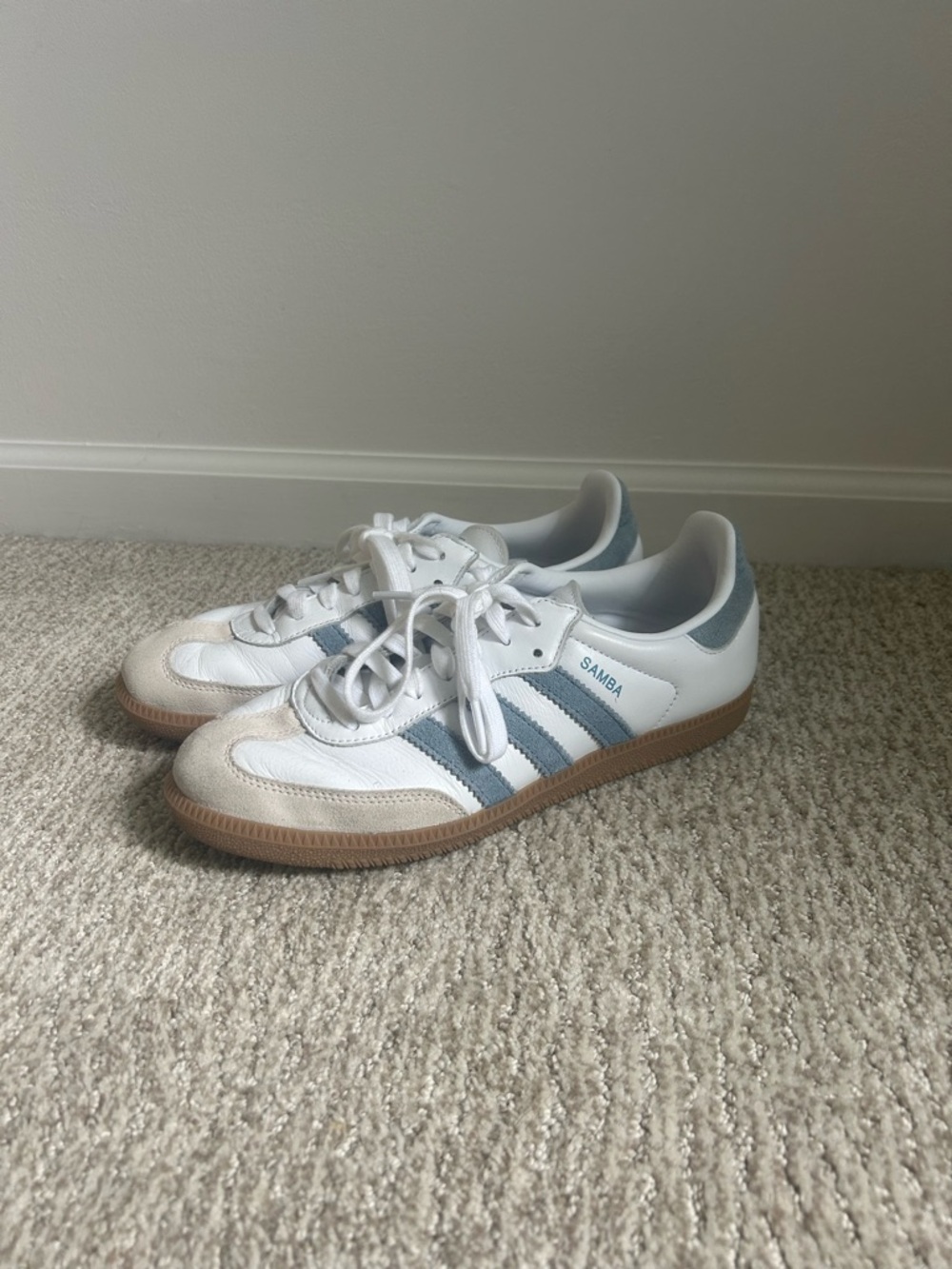 adidas Samba White with Light Blue Stripes and Gum Sole